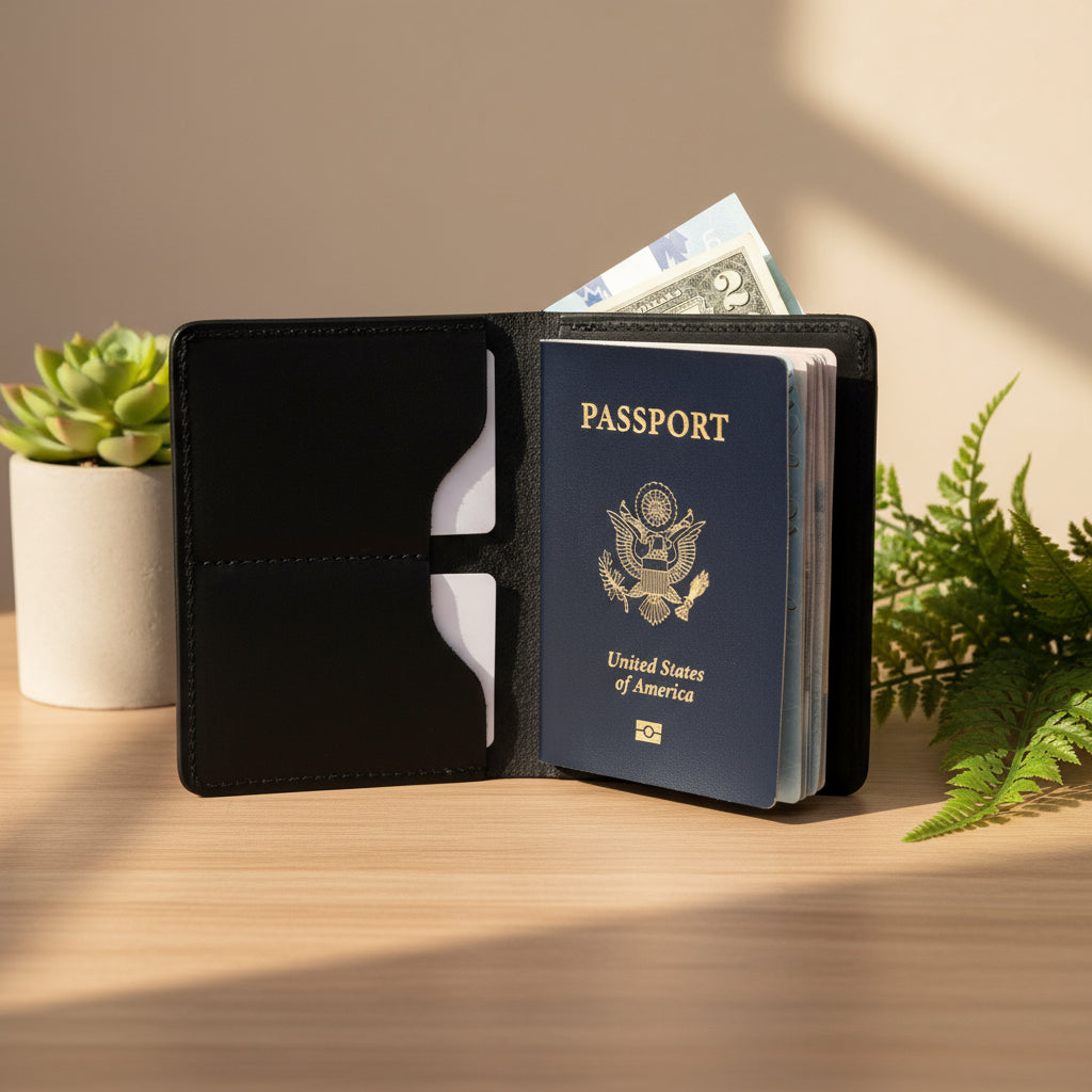 Black passport holder with a U.S. passport and dollar bill on a white background