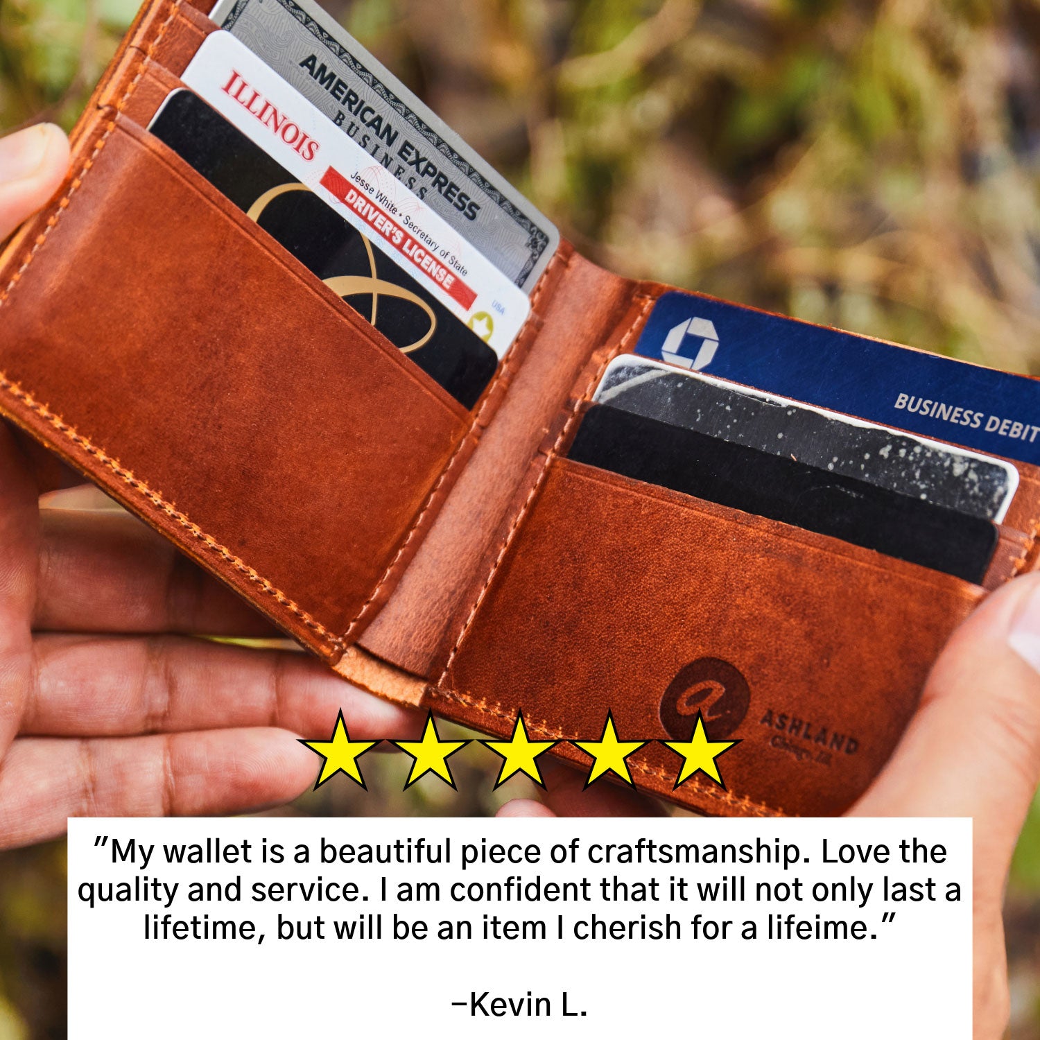 A Johnny the Fox bifold leather wallet with a five-star review: "My wallet is a beautiful piece of craftsmanship...an item I will cherish for a lifetime." --Kevin L.