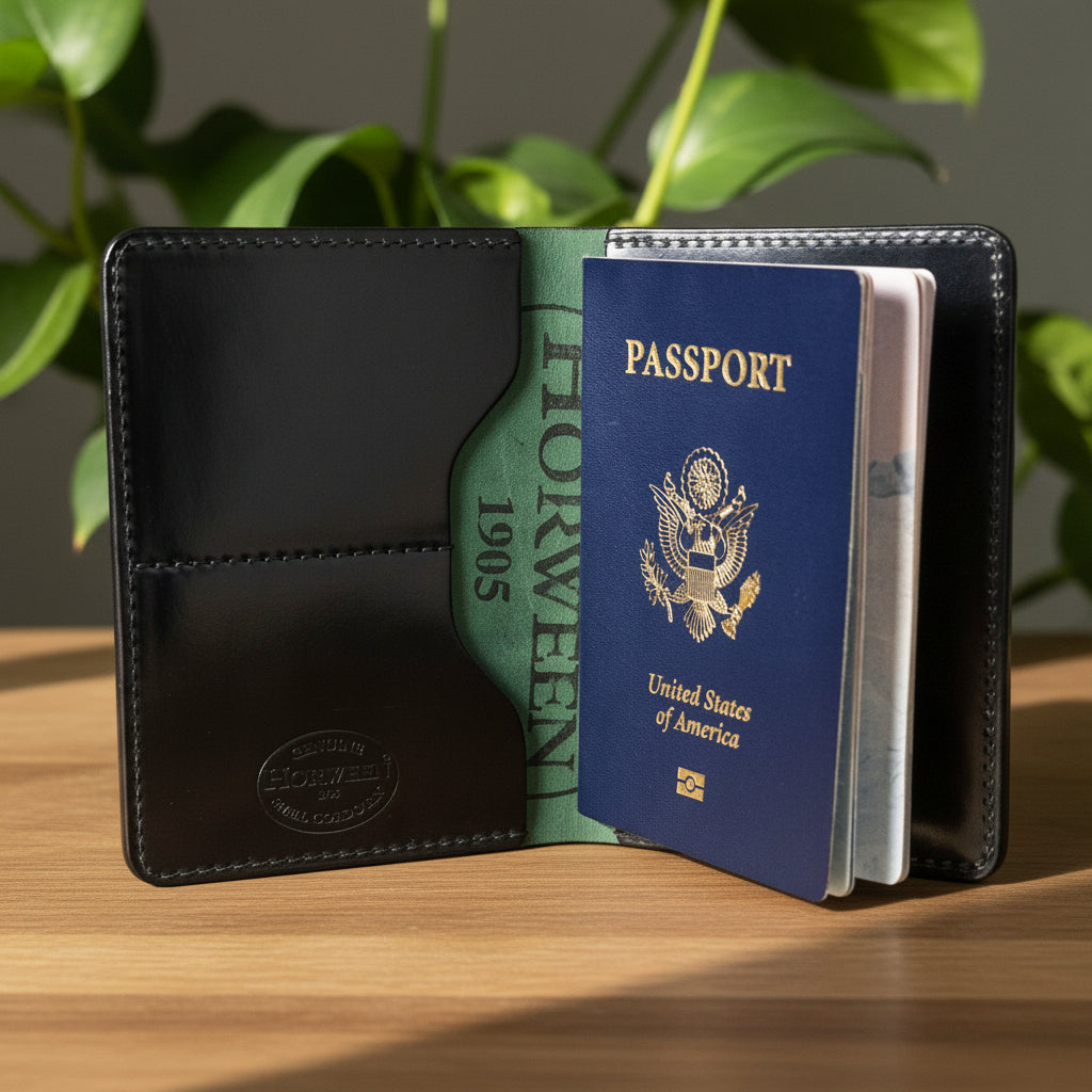 Black leather wallet with a passport and green travel document on a wooden surface.