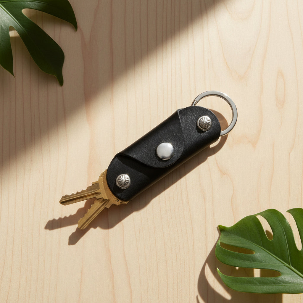 Black leather key organizer with keys on a white background