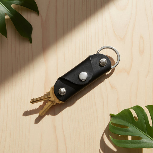 Black leather key organizer with keys on a white background