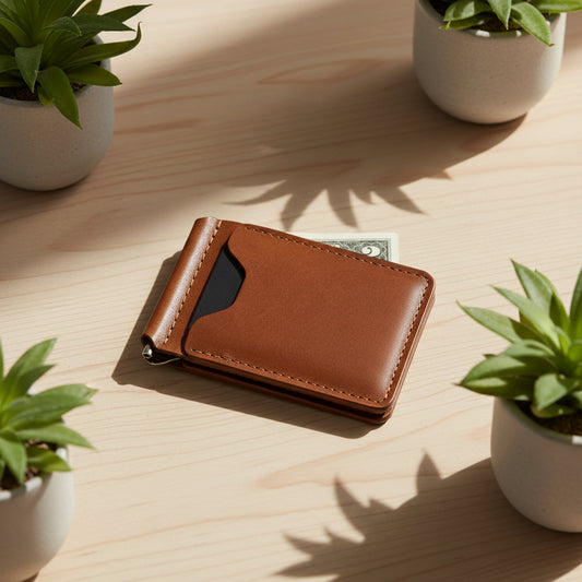 A brown leather money clip with a metal clamp and several card slots, displaying a few bills tucked inside.
