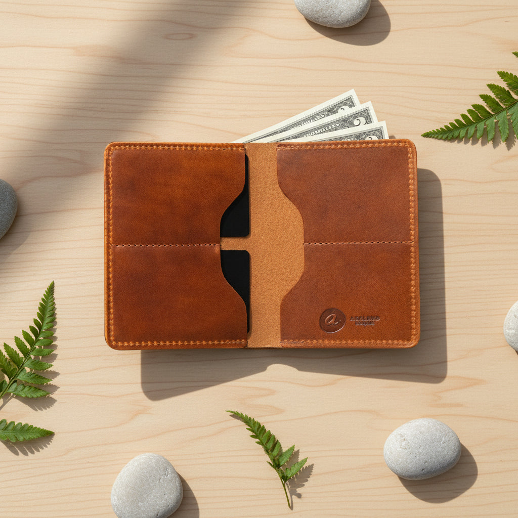 A brown, bi-fold leather wallet with card slots and some cash protruding from the bill slot, placed on a flat surface.