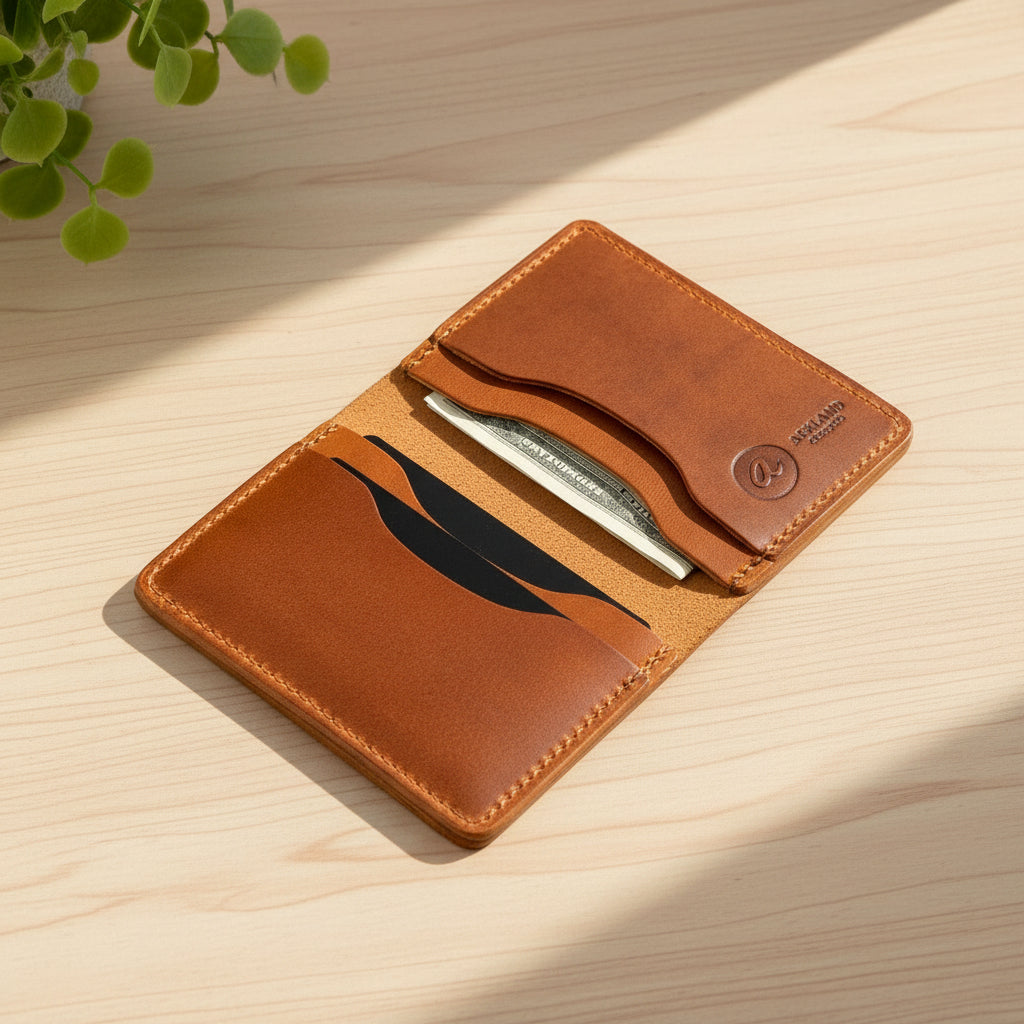 Brown leather wallet with a plant on a wooden surface
