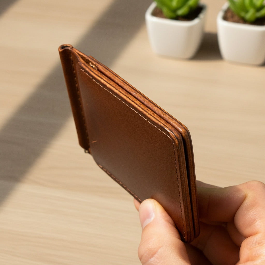 Brown leather wallet held in a hand against a dark background