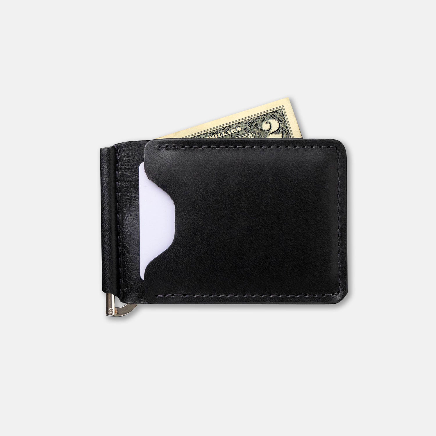 Black leather money clip with a card and cash on a light gray background
