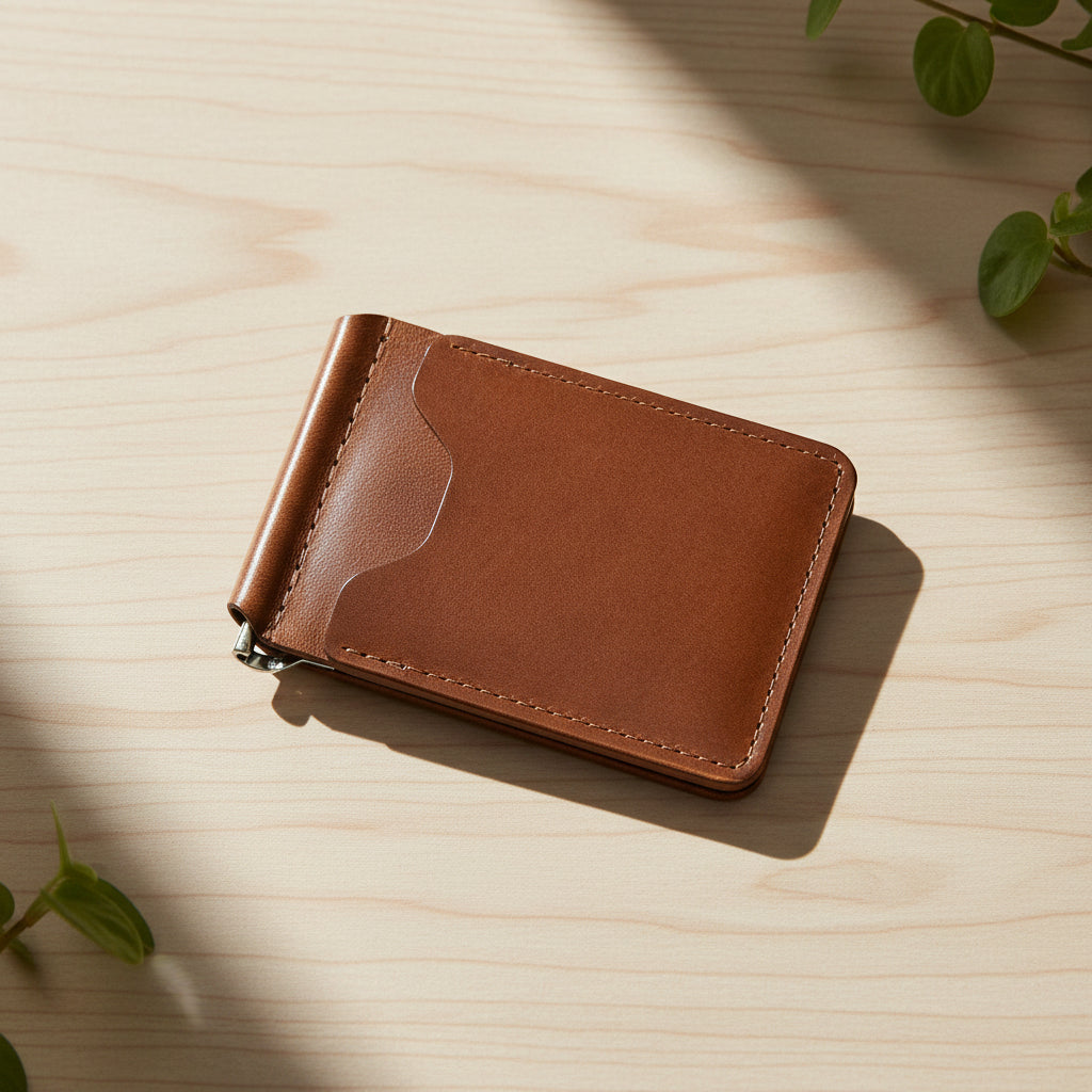 Brown leather money clip on a light gray background