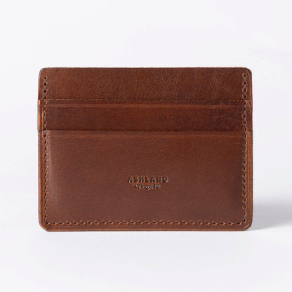 Brown leather cardholder with 'Ashland' branding on a white background