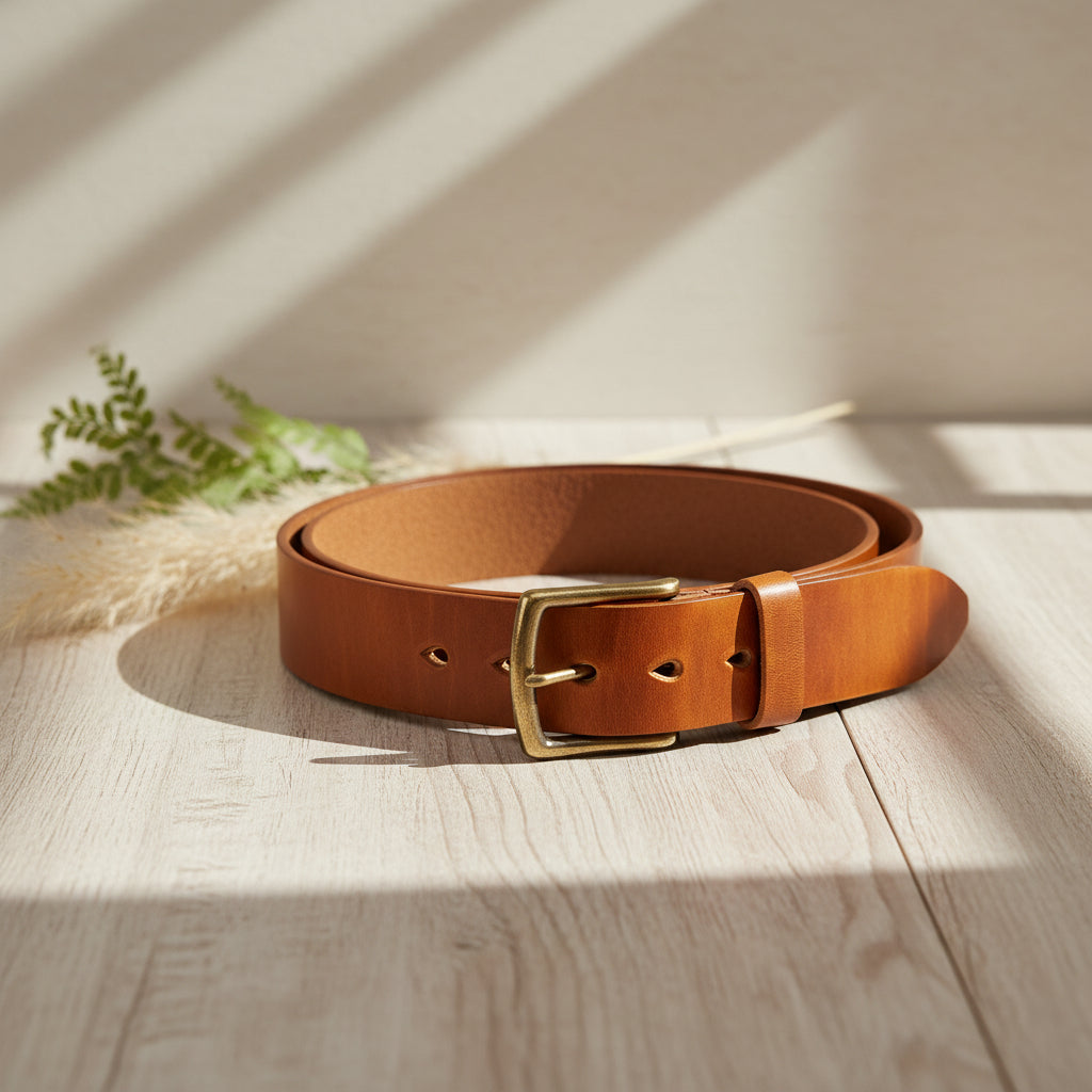 Brown leather belt with brass buckle on a wooden surface with soft shadows