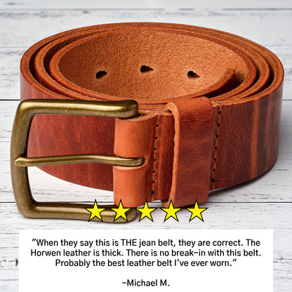 Horween English Tan Dublin coiled belt with review text: "Probably the best leather belt I've ever worn." -- Michael M.