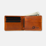 Brown leather wallet with money and cards on white background