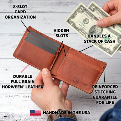 Features call out on Johnny the Fox bifold wallet: card slots, cash compartment, full-grain leather, handmade in the U.S.A