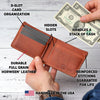 Features call out on Johnny the Fox bifold wallet: card slots, cash compartment, full-grain leather, handmade in the U.S.A