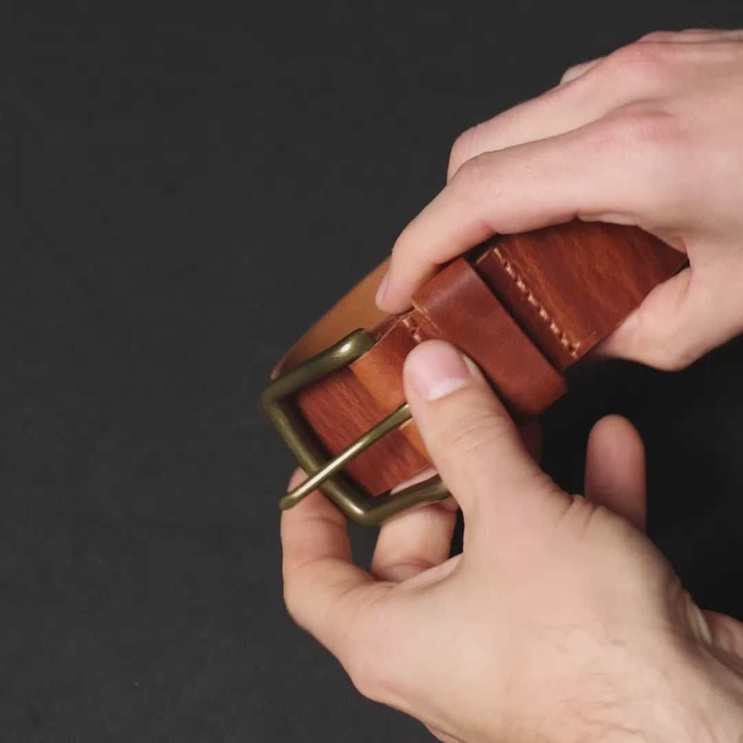 Video showing leather texture and detail of Horween English Tan Dublin Belt