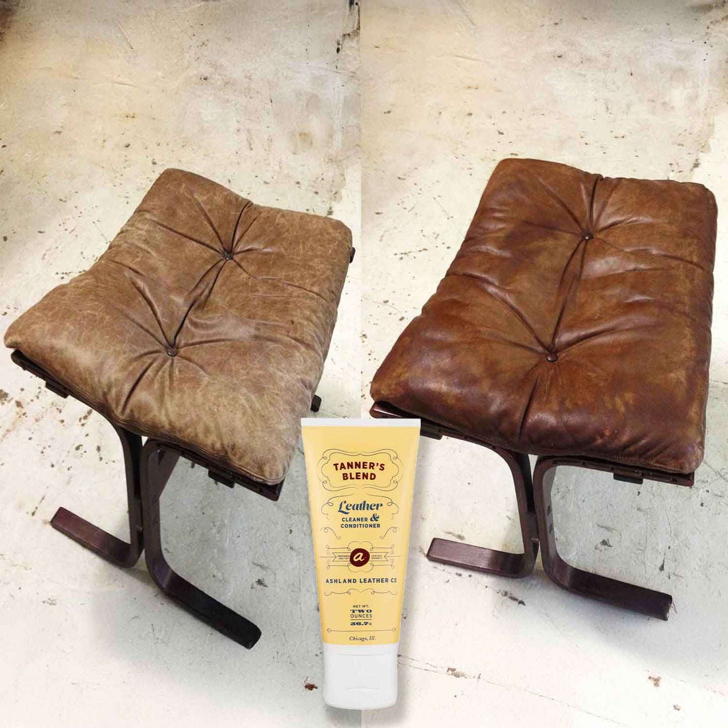 Image showing a leather footrest looking cracked and weathered on the left and smooth and luxurious on the right after being restored with Tanner's Blend Leather Conditioner.