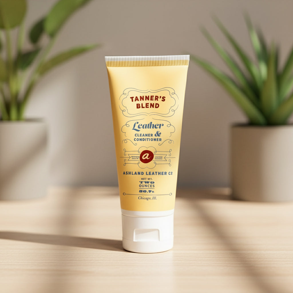 Tube of Tanner's Blend leather cleaner on a wooden surface with plants in the background