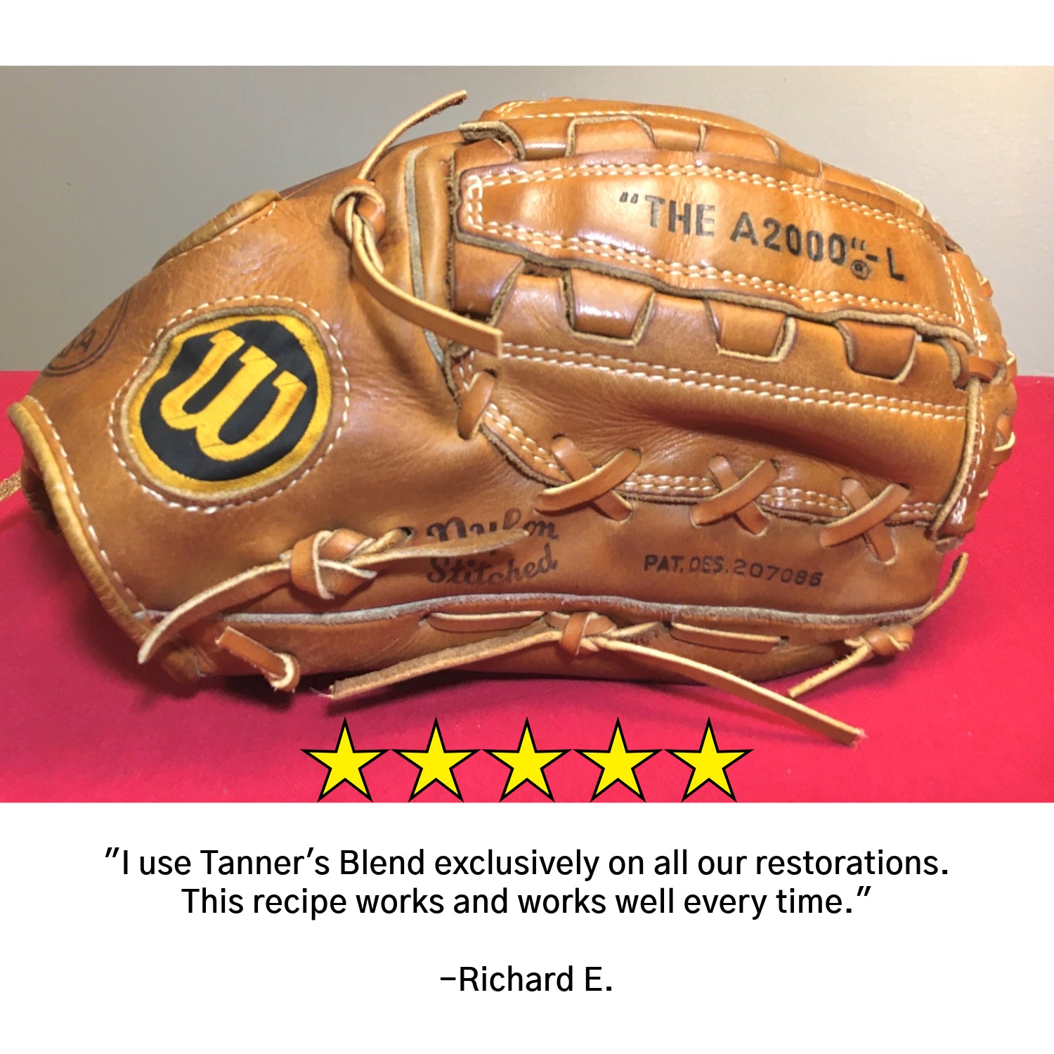 Wilson baseball glove with five-star review text: 