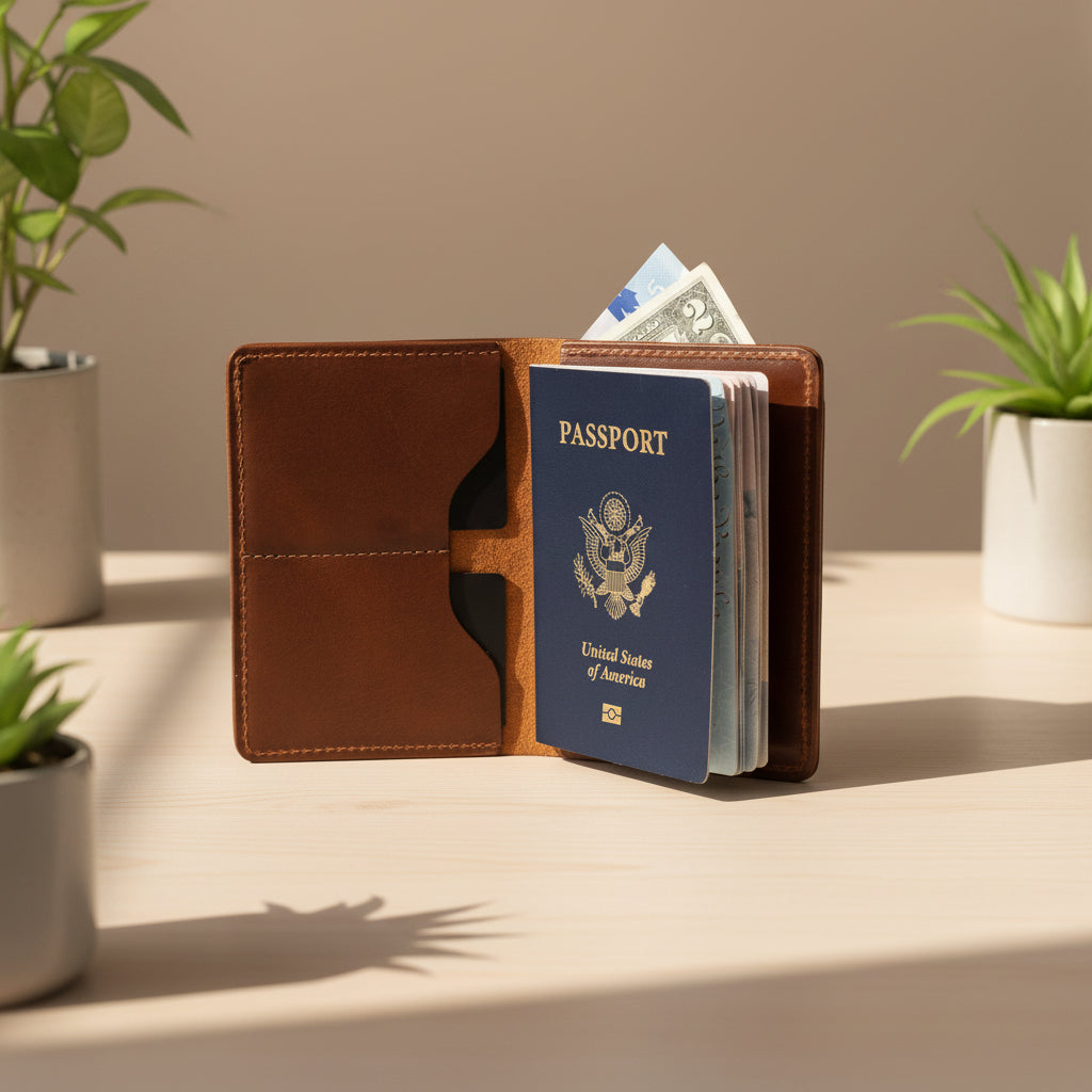 Brown leather passport holder  with a passport and money on a light surface with plants in the background