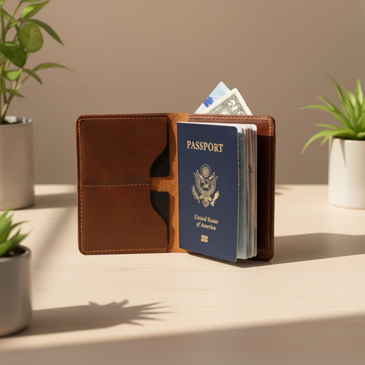 Brown leather passport holder  with a passport and money on a light surface with plants in the background
