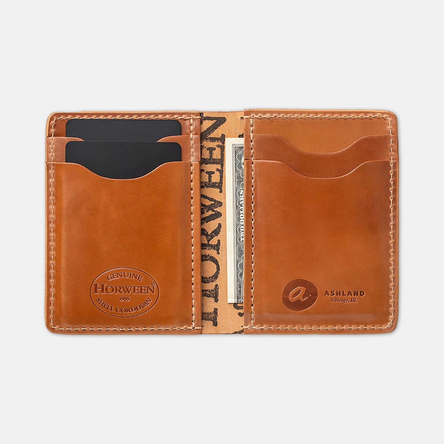 Brown leather wallet with Horween and Ashland branding on a white background