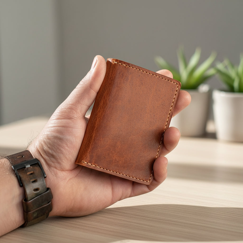 minimalist leather card holder in hand